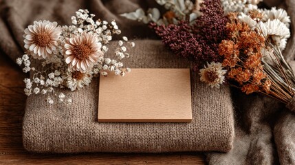 Cozy Card and Floral Bouquet: A warm, inviting tableau featuring a blank card surrounded by an array of dried flowers and resting atop a plush textile,  Generative Ai