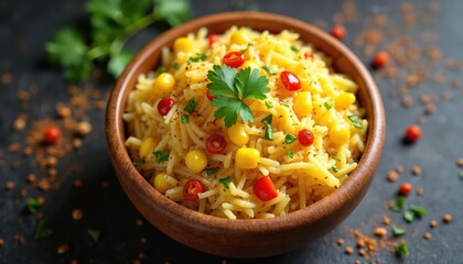 Yellow rice dish in rustic wood bowl with corn kernels, cherry tomatoes, and parsley garnish. Savory grains with warm spices served on dark surface.