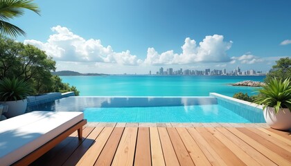 Luxurious infinity pool overlooks ocean bay with city skyline. Calm water reflects blue sky and fluffy clouds. Lounge chair on wooden deck invites relaxation in sunny holiday resort.