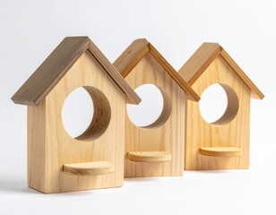 Three natural wooden birdhouses with triangular roofs and circular entrances, arranged side by side.