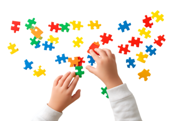Child's Hands Connecting Bright Colorful Jigsaw Puzzle Pieces isolated on a transparent background