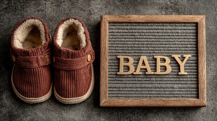 A Newborn's Announcement: Adorable baby booties nestle beside a letterboard displaying BABY, an evocative composition heralding the arrival of new life. Generative Ai