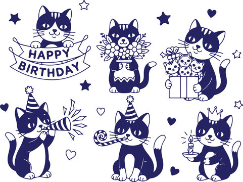 Vector art of set of cute cartoon cats celebrating happy birthday with gifts and party favors - Powered by Adobe