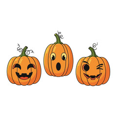 Spooky Halloween fun with three cute cartoon pumpkins displaying happy, surprised, and winking expressions ready for holiday designs and seasonal marketing