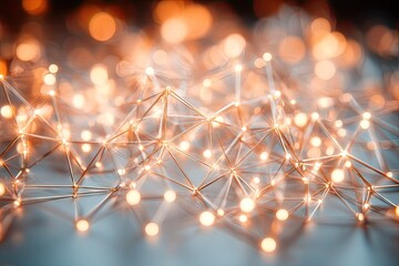 Abstract network gold lines connect glowing points, bokeh background
