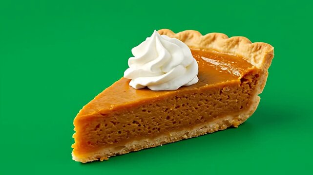 Slice of pumpkin pie with whipped cream on green backdrop
