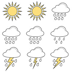 Minimal Weather Icons Set,Sun, Rain, Cloud, Thunderstorm Vector Illustration