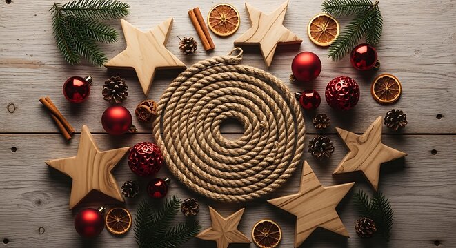 A rustic Christmas flat lay arrangement featuring wooden stars, red ornaments, pinecones, dried oranges, cinnamon sticks, and a coiled rope on a weathered wooden surface.