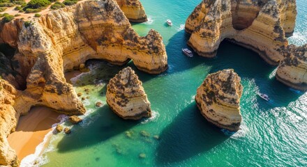 Breathtaking aerial view of sculpted cliffs and turquoise waters in Algarve