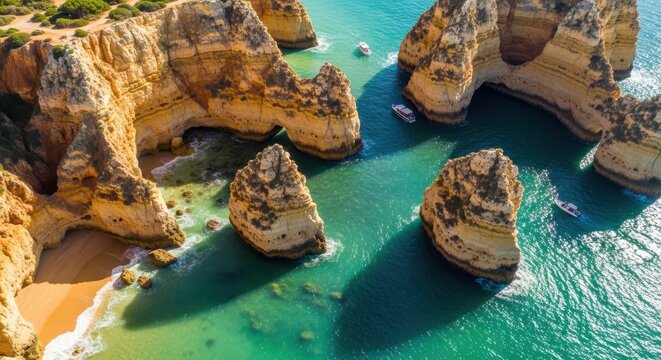 Breathtaking aerial view of sculpted cliffs and turquoise waters in Algarve