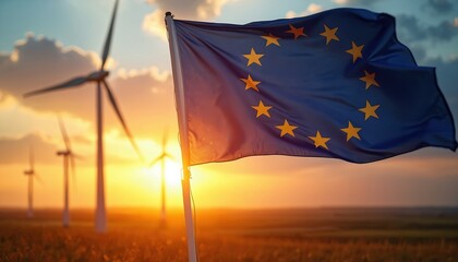 European Union flag waving in wind farm at sunset. Flag with yellow stars on blue background flies in front of wind turbines. Sun sets behind turbines in field. Renewable energy, sustainability