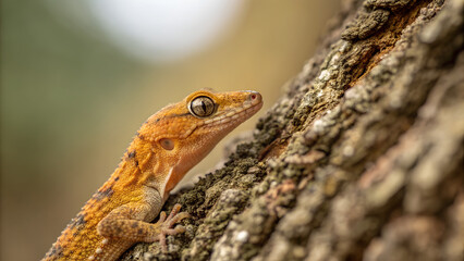 Obraz premium Adorable golden gecko crawling on rough tree bark, looking curious and alert in a natural habitat, perfect for wildlife or animal conservation projects