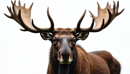 Majestic bull moose with large antlers stands facing camera. This large mammal has brown fur, dark eyes and a distinctive muzzle. Wild animal portrait.