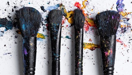Messy paintbrushes amidst colorful splatter