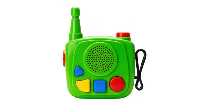 Bright green toy walkie talkie with colorful buttons on a dark backdrop