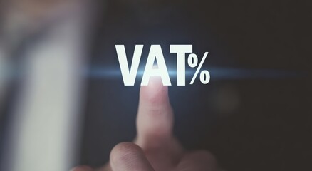 Fototapeta premium VAT Symbol: A person's finger presses the VAT% symbol, highlighting the concept of taxation and value-added tax in a modern business context. Generative Ai