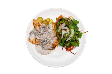 Top-down transparent PNG of grilled chicken with mushroom sauce and greens on a white plate, perfect for menu and food design.