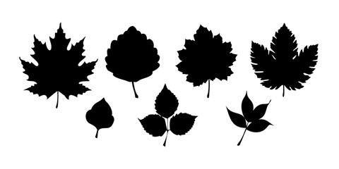 Black autumn leaves or foliage silhouettes isolated on white background. Big set of vector fall tree leaf shapes with maple, oak, birch and other nordic leave.vector icons