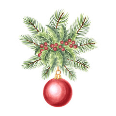 Red christmas tree ball with holly hunging on spruce branch watercolor isolated illustration for festive desing. Hand-drawn pine twig with winter holiday decoration Clipart of green fir sprig for card