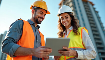 Two construction professionals in hard hats, safety vests review tablet. Stand before building under development. Man, woman discuss project plans on digital device. Skilled workers collaborate