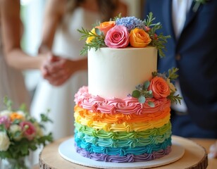 Two tiered rainbow wedding cake with cream frosting decorated with fresh roses and hydrangea flowers. Couple in wedding attire blurred background celebrating special event.