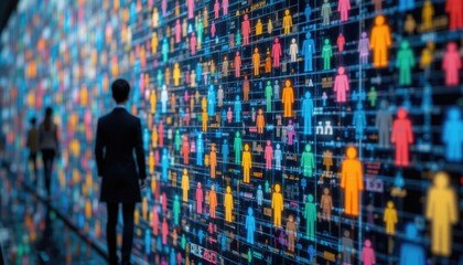 Diverse consumer data and the significance of tailored marketing tactics in a contemporary context are highlighted by colorful figures on a digital grid.