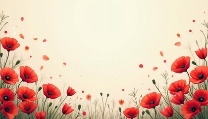 Fototapeta premium Floral frame with red poppy flowers, petals, green plants on light backdrop. Botanical art design for cards, banners, invitations, wallpapers prints. Springtime blossom layout with copy space for