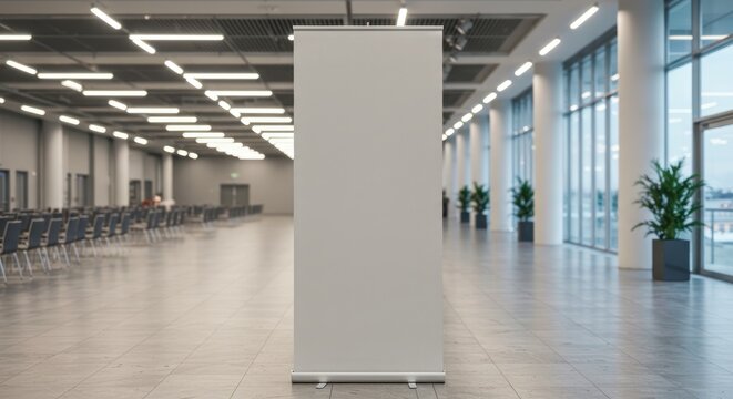Blank Roll Up Banner in Modern Office Lobby.
