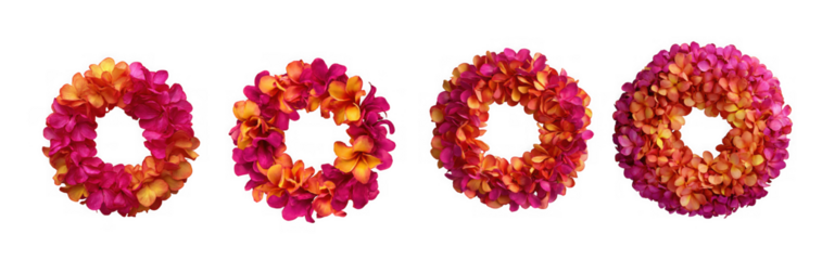 Four colorful flower leis in shades of pink, orange, and yellow, isolated on transparent background