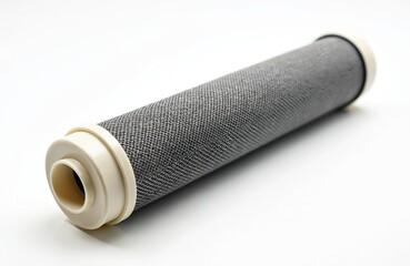 Carbon water filter cartridge on white backdrop. Clean water filtration concept. New replaceable filter element. Drinking water purification tech equipment. Purifying tap water for health. Cleanse