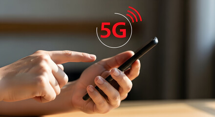 Hand using a smartphone with 5G network signal modern technology for fast internet connection wireless communication concept