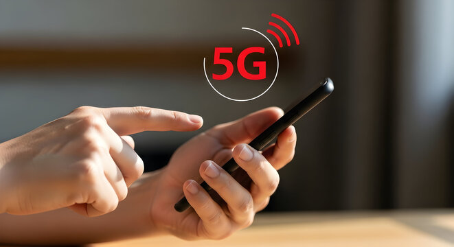 Hand using a smartphone with 5G network signal modern technology for fast internet connection wireless communication concept