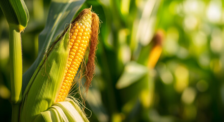 Ripe ear of corn on the stalk close-up shot in a field representing agriculture and harvest season