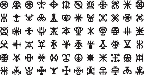 Collection of ancient occult symbols and mystical signs in black and white on a white background
