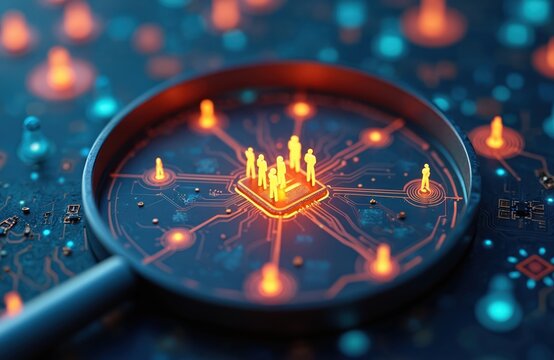 Magnifying glass examines human icons on circuit board. Digital tech network connects people. Data analysis social patterns, communication details, online community interaction. Focus on global
