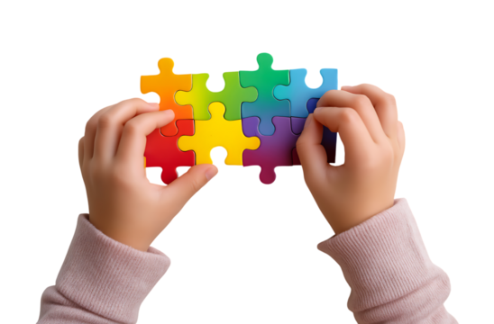 Child's hands connecting six colorful gradient puzzle pieces isolated on a transparent background