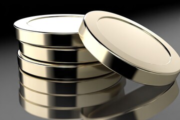 Stack of gold coins reflecting on a dark polished surface