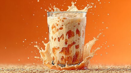 Splashing milk tea in glass with cream top, peach background, orange and beige tones, surreal style product advertisement poster HD render