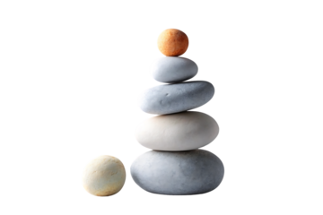 Balanced rock stack with five smooth stones in varying sizes and colors stacked vertically, isolated on a transparent background