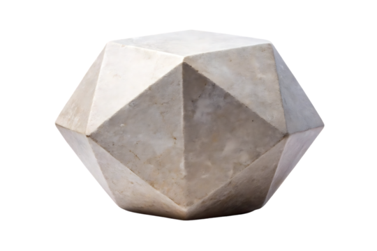 Limestone sculptural hemisphere displaying angular faceted surfaces with natural weathered texture, isolated on a transparent background