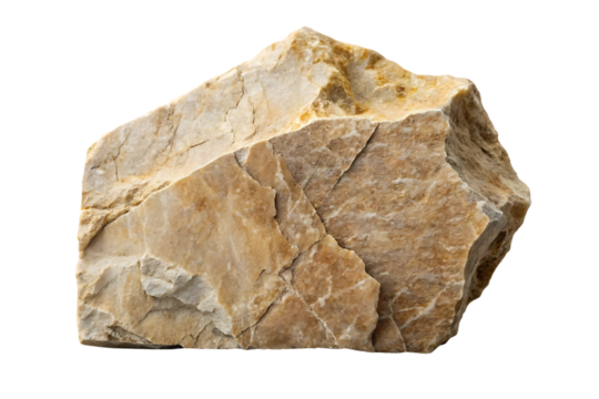 Rough limestone angular boulder with natural broken faces and tan-beige coloration throughout, isolated on a transparent background
