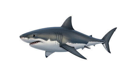 Fototapeta premium Illustration of a great white shark swimming with its mouth slightly open on a black background created with generated ai