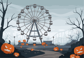 A Ferris wheel stands tall in a spooky Halloween amusement park, surrounded by carved pumpkins and bare trees under a grey sky.