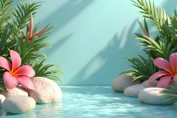 Canvas schilderij Toilet Tranquil tropical scene with pink plumeria flowers, green palm leaves, and smooth stones on calm turquoise water with sunlight reflections.  © Imejing