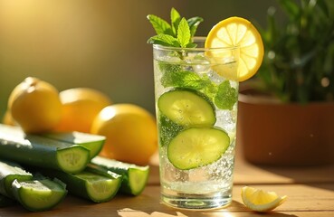 Fototapeta premium Clear glass holds refreshing sparkling water with ice cubes, cucumber slices, fresh mint leaves, bright lemon wedge. Whole fresh lemons, cut cucumbers rest on wooden table. Healthy detox beverage