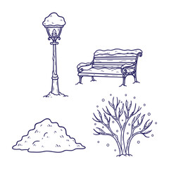 Winter Street Scene & Snowy Landscape Doodle Icons