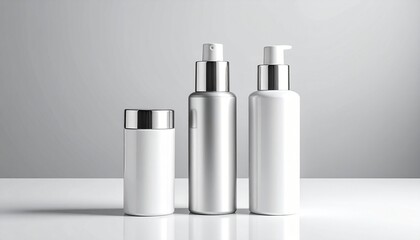 White Cosmetic Bottles Mockup Set for Skin Care Products on a White Surface with Gray Background.