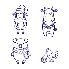 Obraz premium Cute Christmas Farm Animals in Santa Hats Doodle Set