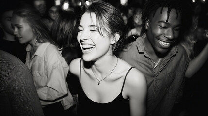 Laughing couple enjoying nightlife in black and white