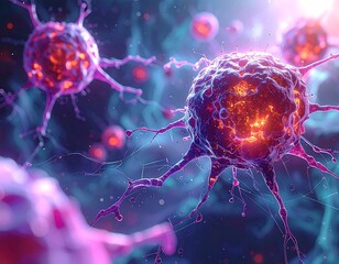 Microscopic view of intricate glowing structures with branching pathways